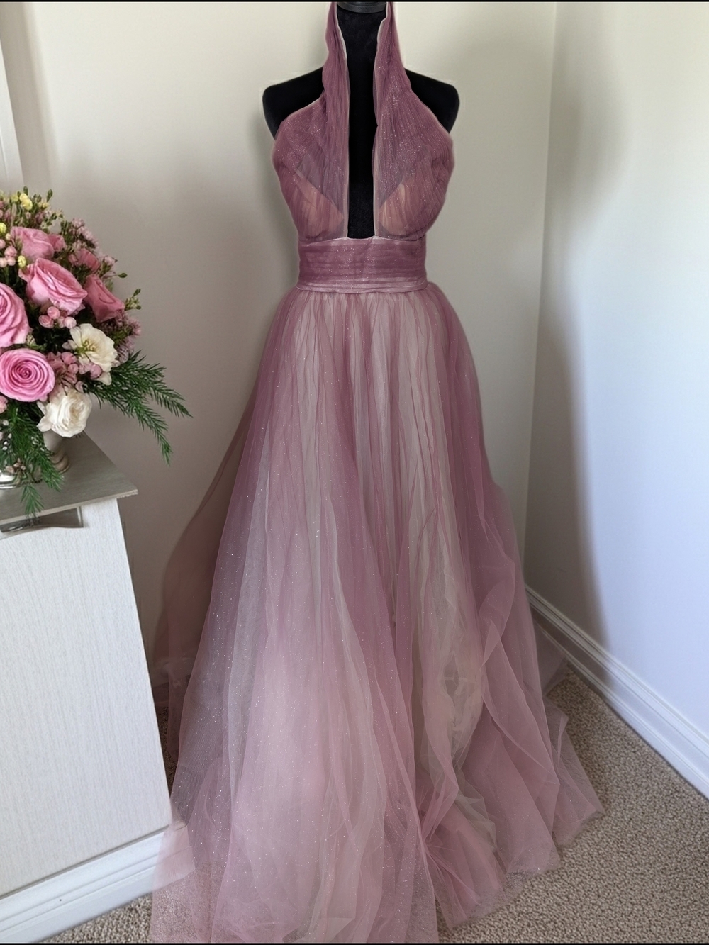 Mac Duggal Charcoal Ombre Gliter Tulle Halter Gown Dress Pink Mauve 4 NWT